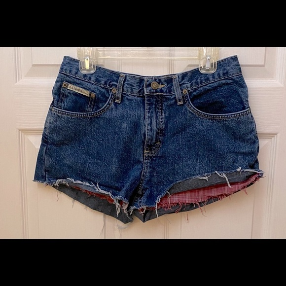 C.E. Schmidt Cutoff Raw Hem Denim Jean Shorts Plaid Lining - Picture 2 of 6